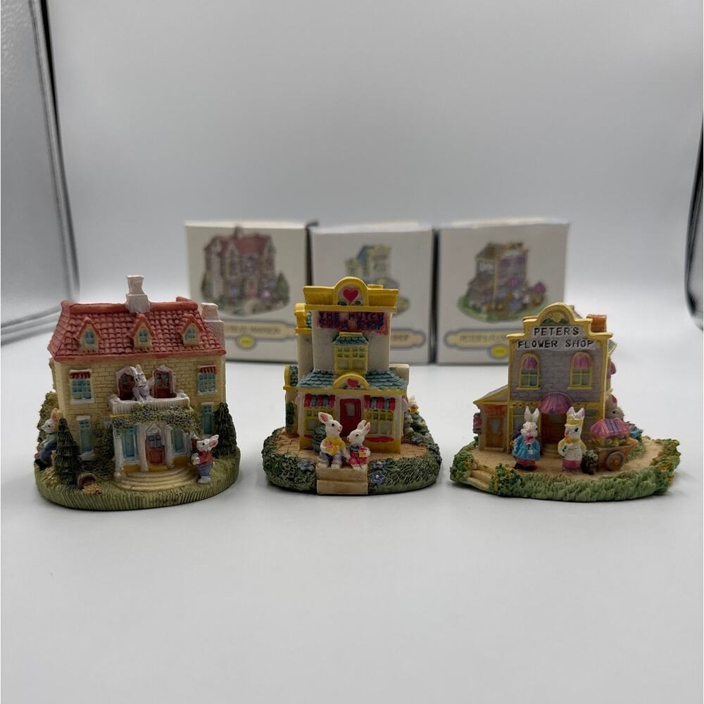 Vintage 90s The Bunny Family Village Flower Soda Shops Jellybean Mansion 3 Lot